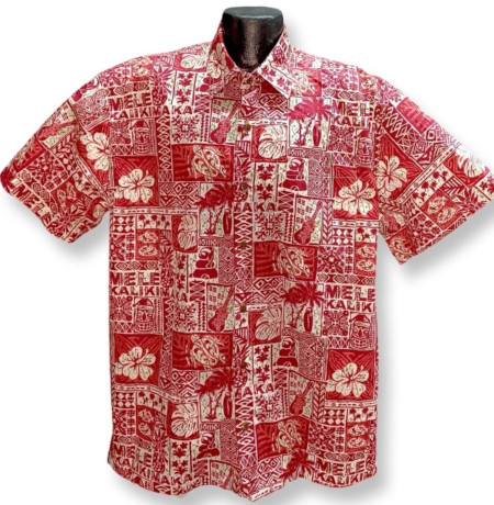 Red tapa Christmas Aloha shirt-Made in USA- 100% Cotton